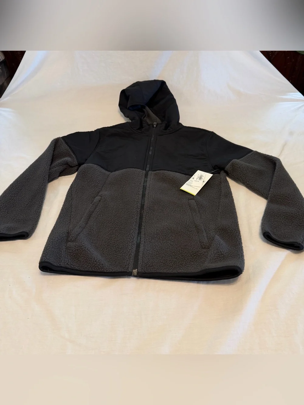 Boys Hooded Full-Zip Sherpa Jacket - Black and Charcoal Size Large 10/12 NWT.